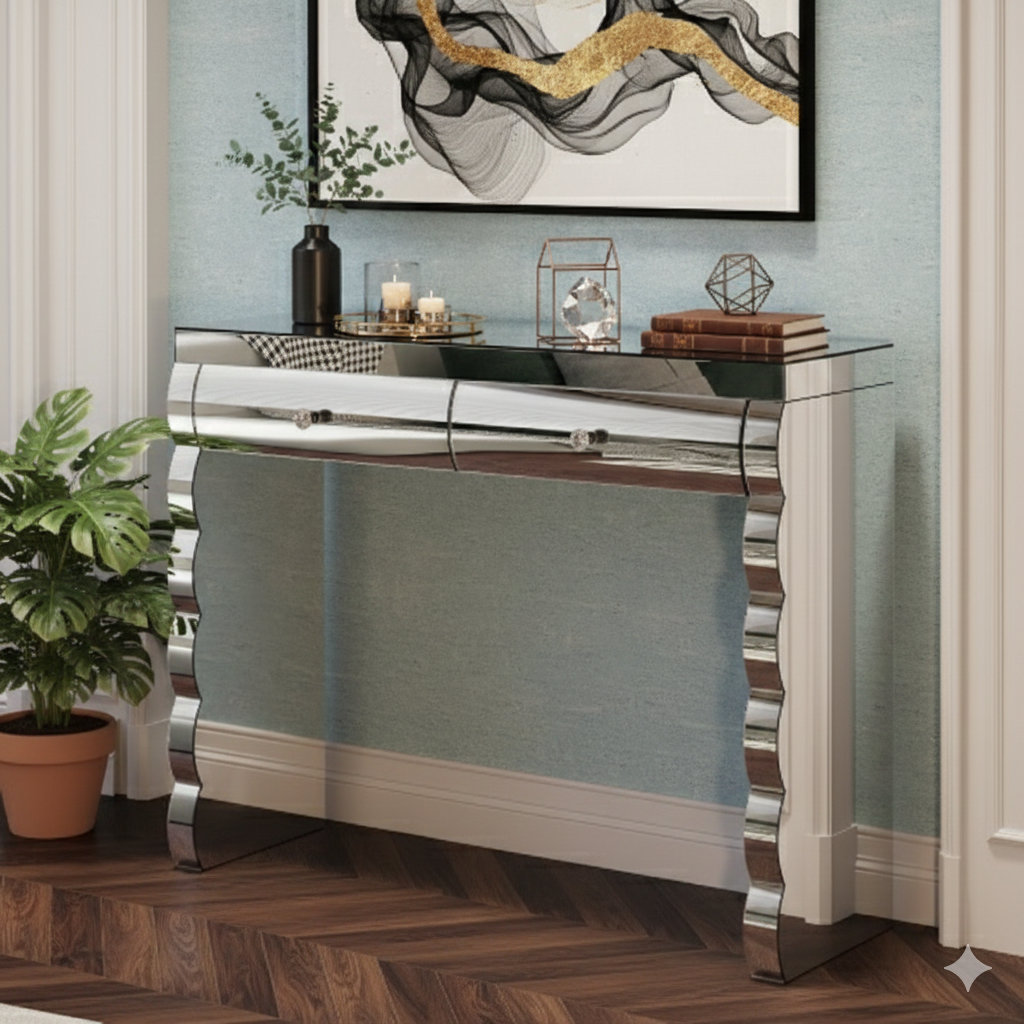 Mercer41 Reflective Console Table, Silver-Toned Vanity With Thermally ...