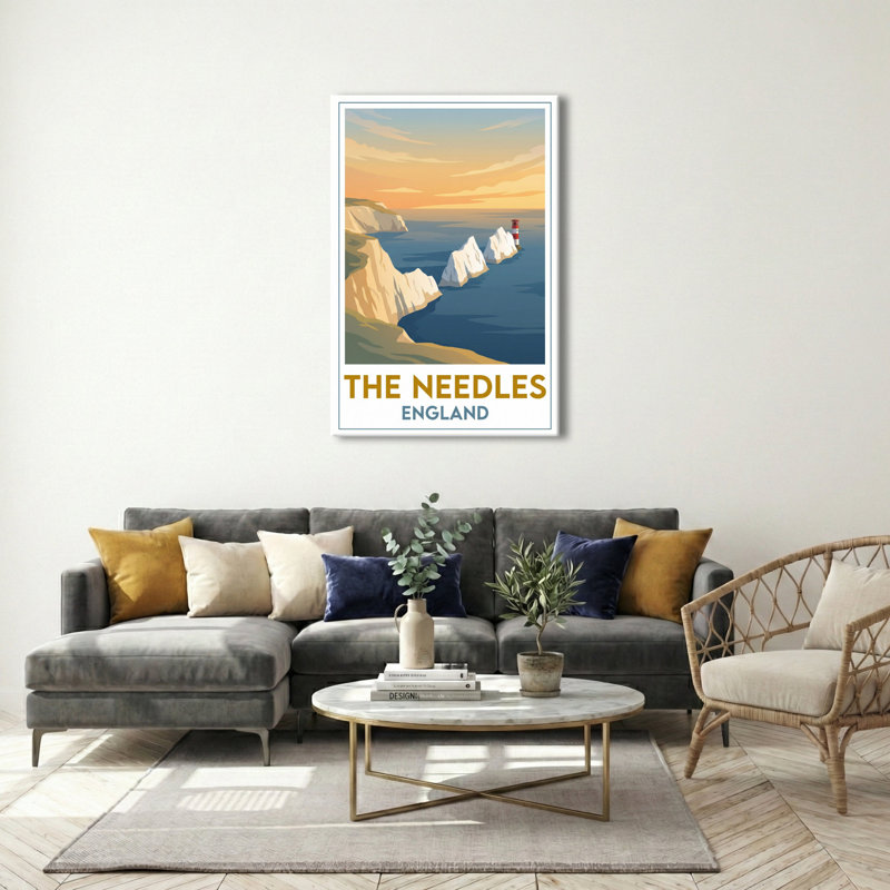 The Needles, England - Isle Of Wight Cliffs At Sunset | Romantic Travel Poster. Giclee Print On Wrapped Canvas. Wall Art, Home Decor - Natural Landmarks, England - Wrapped Canvas Print