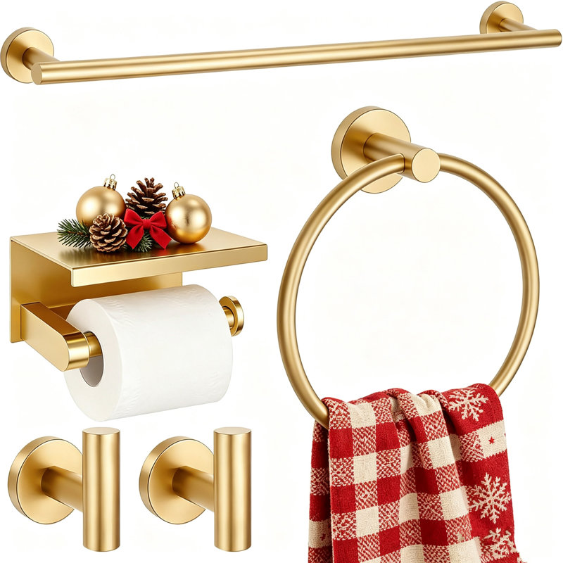 Ensemble de cinq pièces de quincaillerie de salle de bain murale en or brossé, matériau en acier inoxydable 304 épaissi, long porte-serviettes + porte-papier hygiénique circulaire avec ensemble de rangement pour tablette