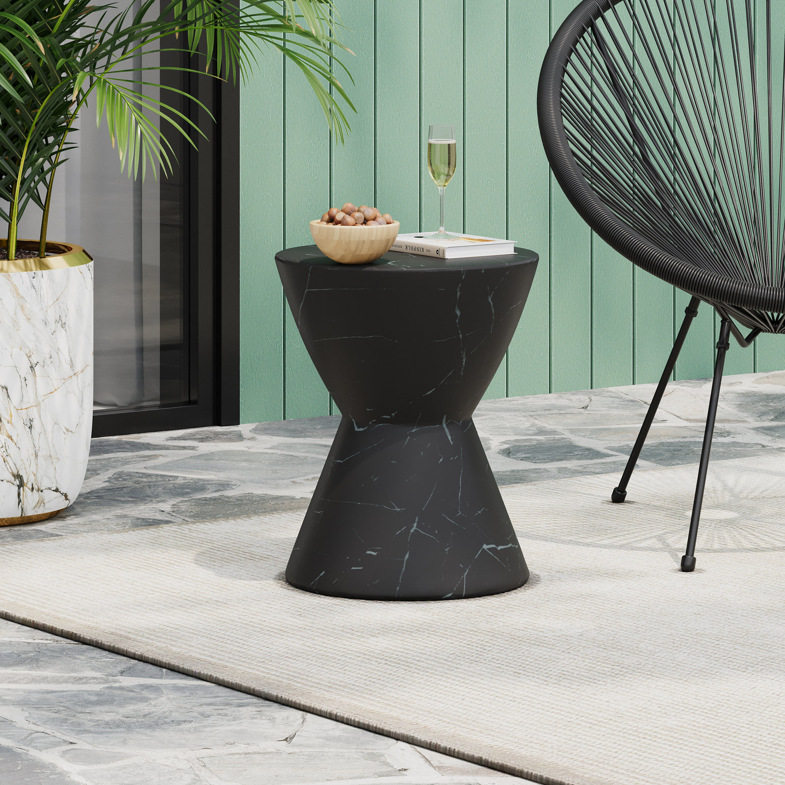 15" Patio Side Table, Black Marble