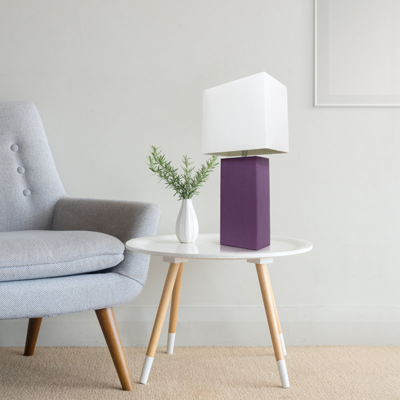 21" Leather Base Table Lamp with White Rectangular Linen Shade, Clear, No, Eggplant Purple
