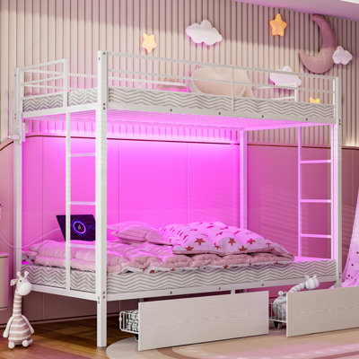  Twin Xl Over Twin Xl Bunk Beds With 2 Storage Drawers & Led Lights, Heavy Duty Metal Bunk Bed Frame With Charging Station, Safety Guardrail And 2 Ladders, No Box Spring Needed, White