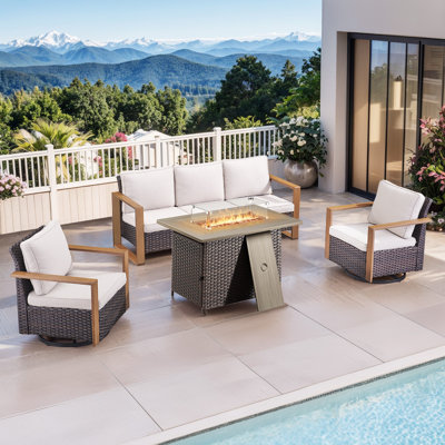 Aldiana Swivel 4-Piece Outdoor Patio Conversation Set With Cushions, Rectangle Fire Pit Table