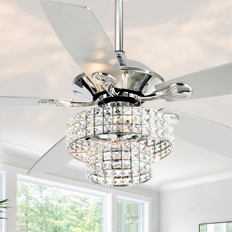 52" Beedle 5 - Blade 2-Tier Crystal Ceiling Fan with Remote Control and Light Kit Included, Chrome