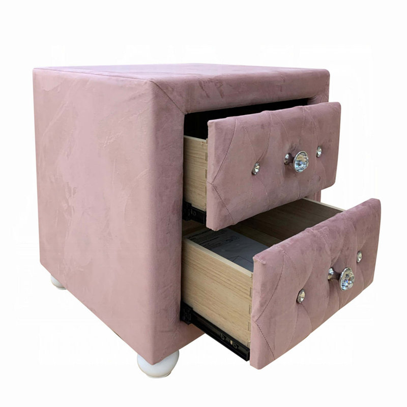 Table de chevet rembourrée en tissu rose avec deux tiroirs de rangement, mobilier de chambre en bois