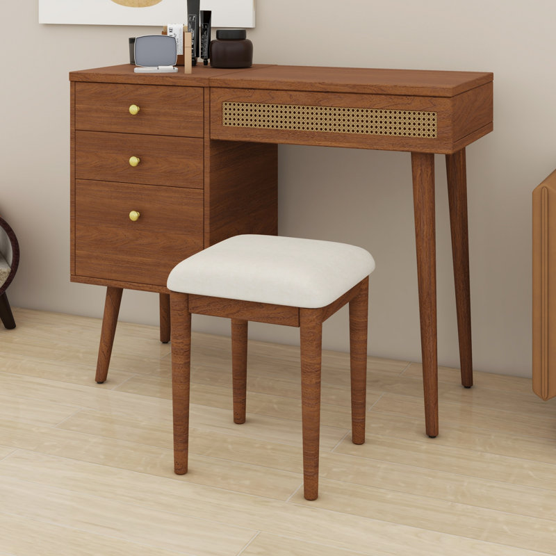 Retro Bohemian Vanity Desk with Mirror & LED Lights, Flip-Top Makeup Dressing Table with 3 Drawers & 10 Compartments Storage Vanity Set