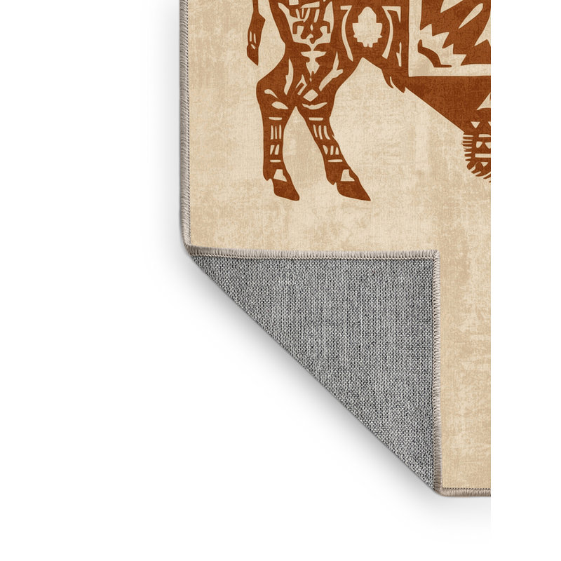 Machine Washable Joyce White Buffalo Woman Rustic Block Print Rug in Beige – Beige Binding, 7x10