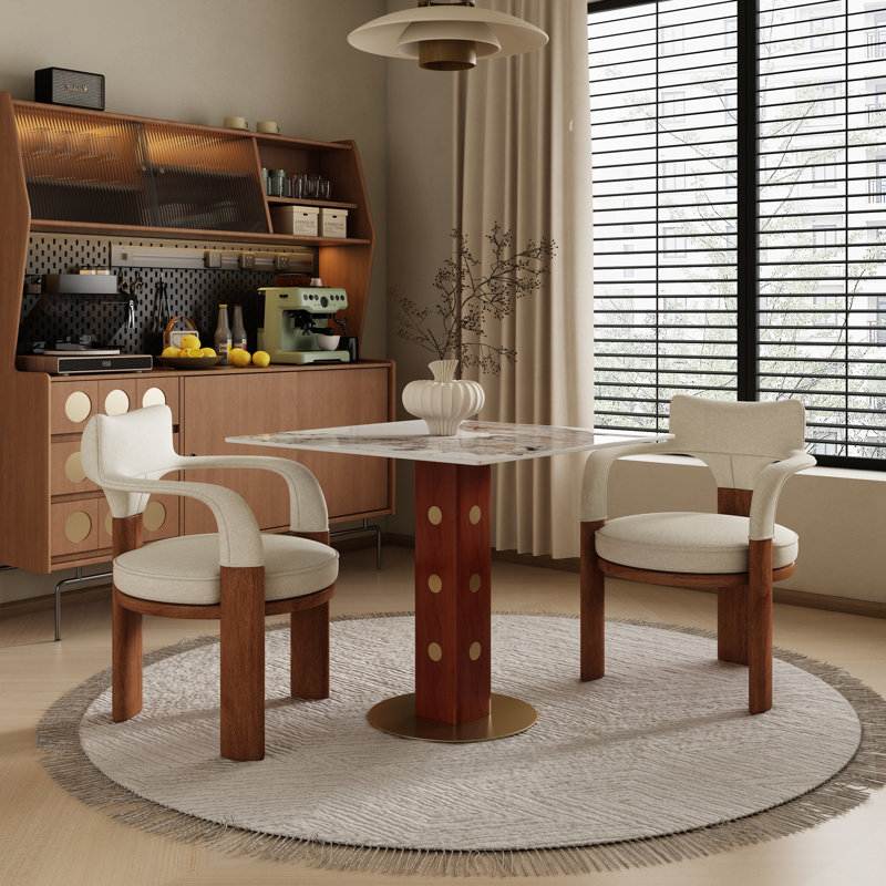 Table de salle à manger contemporaine de 33 po avec pieds en noyer et accents dorés Contemporary Luxe, Beige