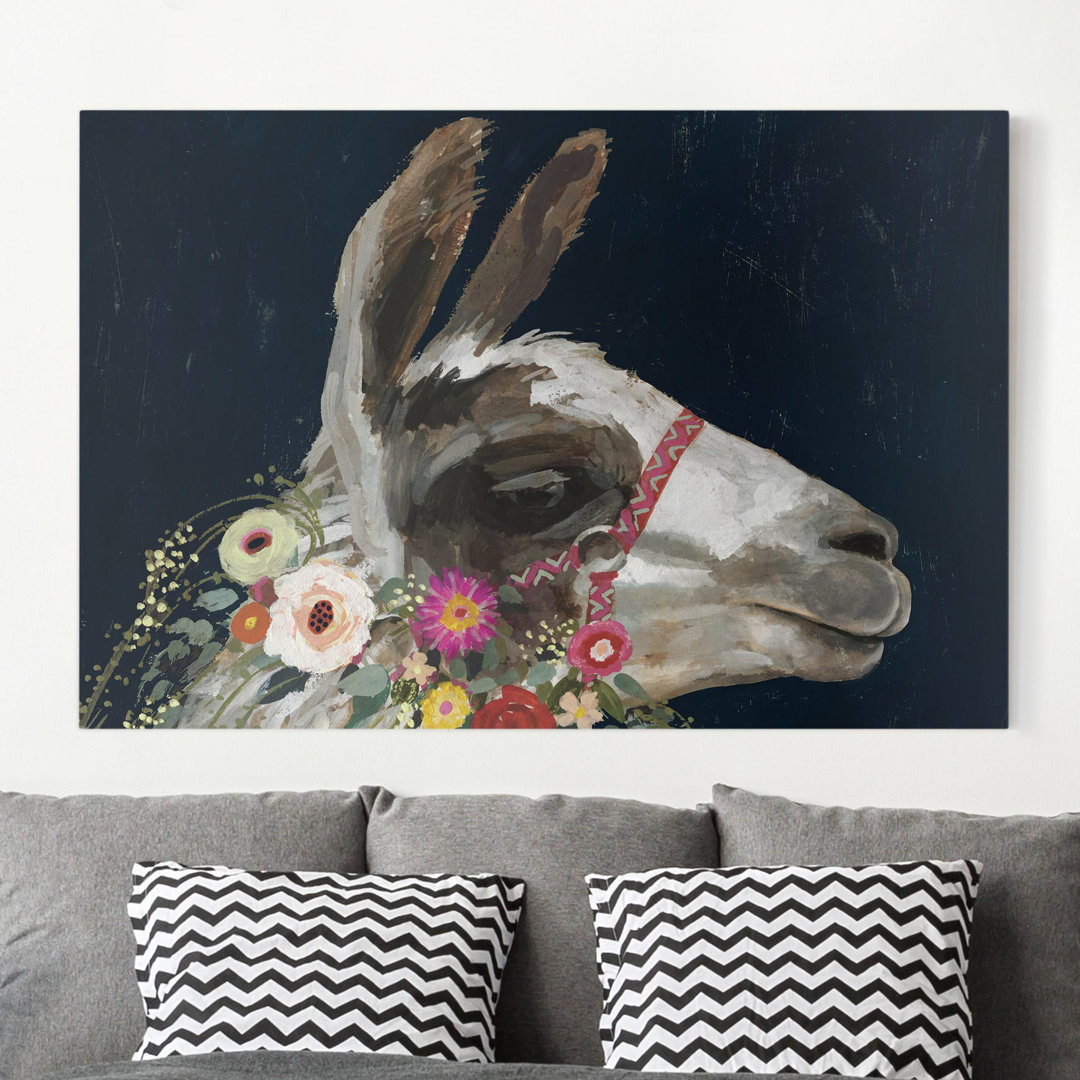 Leinwandbild Lama mit Blumenschmuck I