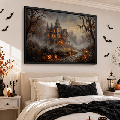 Manoir victorien hanté avec citrouilles illuminées sur une toile murale d'Halloween
