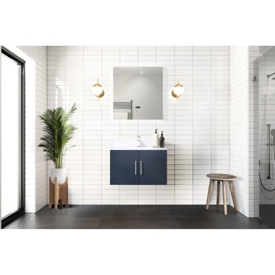 Meuble-lavabo bleu marine avec plateau en marbre Miroir à DEL - fermeture en douceur, résistance aux rayures, grand espace de rangement