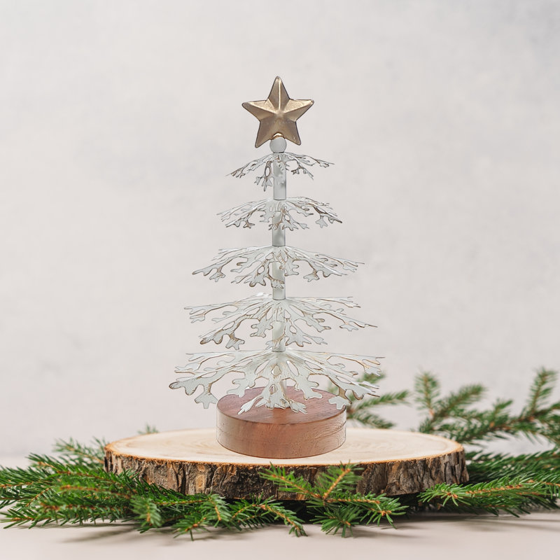 Flocon de neige blanc avec base en acacia petit, H 13 po x l 8 po x P 8 po