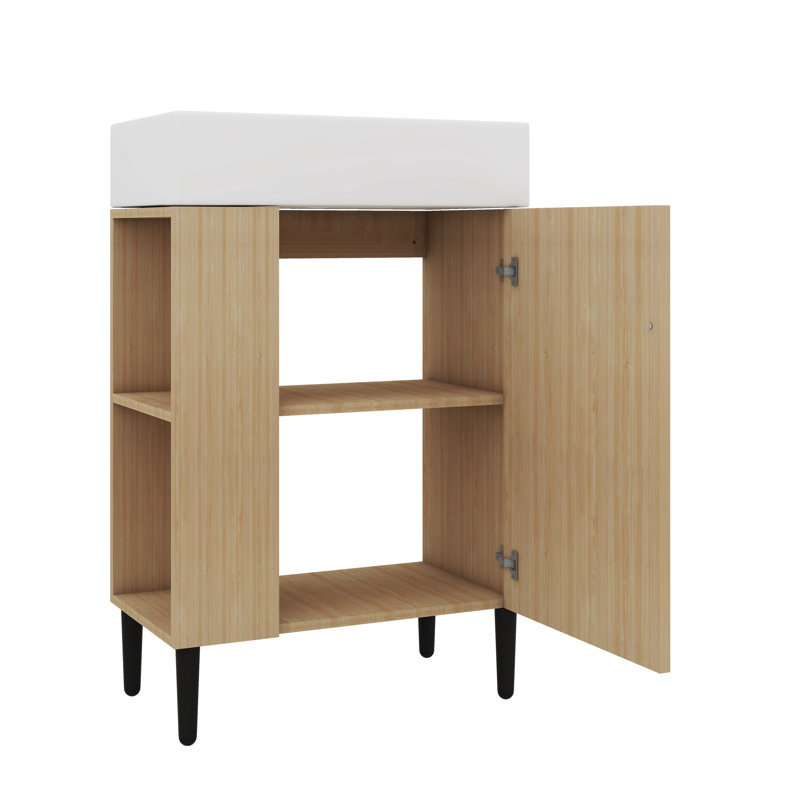 Ensemble de meuble-lavabo sur pied autoportant 21,6 pouces avec pieds en métal et rangement à gauche, Bois