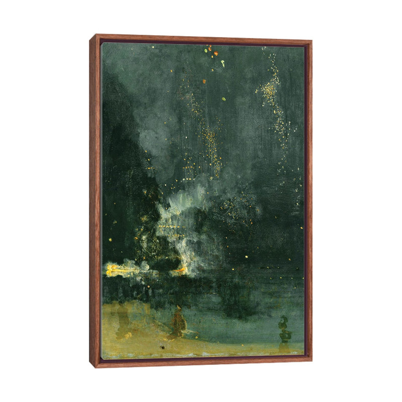 Nocturne en noir et or The Falling Rocket - reproduction d'art murale - toile encadrée, 40 po x 26 po, Toile avec cadre, Brun