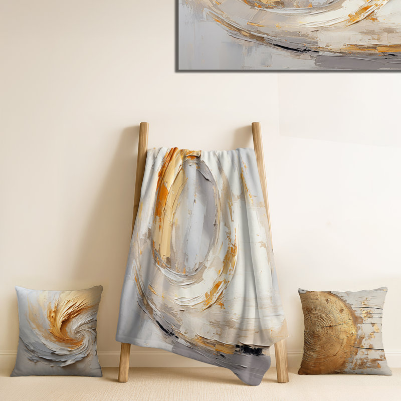 Peinture abstraite or et blanc Spiral III - Ensemble de couvertures et d'oreillers Abstract Spirals