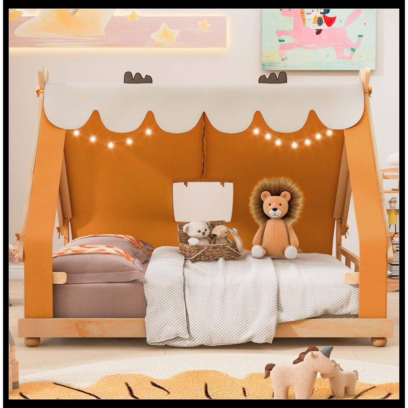 Full Size House Bed With Tent And Light,Brown, Full, Brown