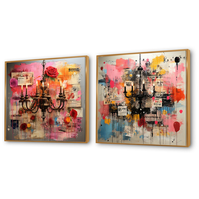 Lustre Pop Art en rose I - ensemble de 2 impressions sur toile lustre, Cadre flottant doré, H 36 po x l 73 po x P 1,5 po