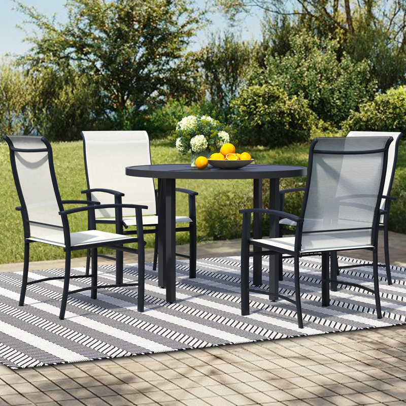 Metal Outdoor Table, Round Table for 6 with Umbrella Hole, Patio Table with Modern Minimalist Design, 42''W, Black