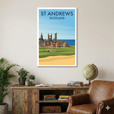 St Andrews, Scotland - Romantic Coastal Travel Poster of Cathedral Ruins and Old Course. Giclee Print on Wrapped Canvas. Wall Art, Home Decor - Cities & Towns, Scotland 1 Piece Wrapped Canvas Wall Art