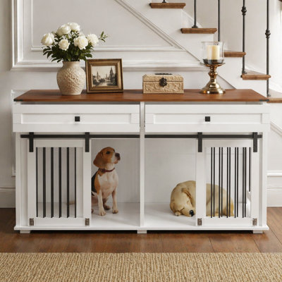 63'' Large Dog Crate Furniture for Double Dog, Wooden Dog Kennel with 2 Drawers,Divider and Sliding Door, Water Resistant Indoor Pets Furniture Style Double Dog Crates