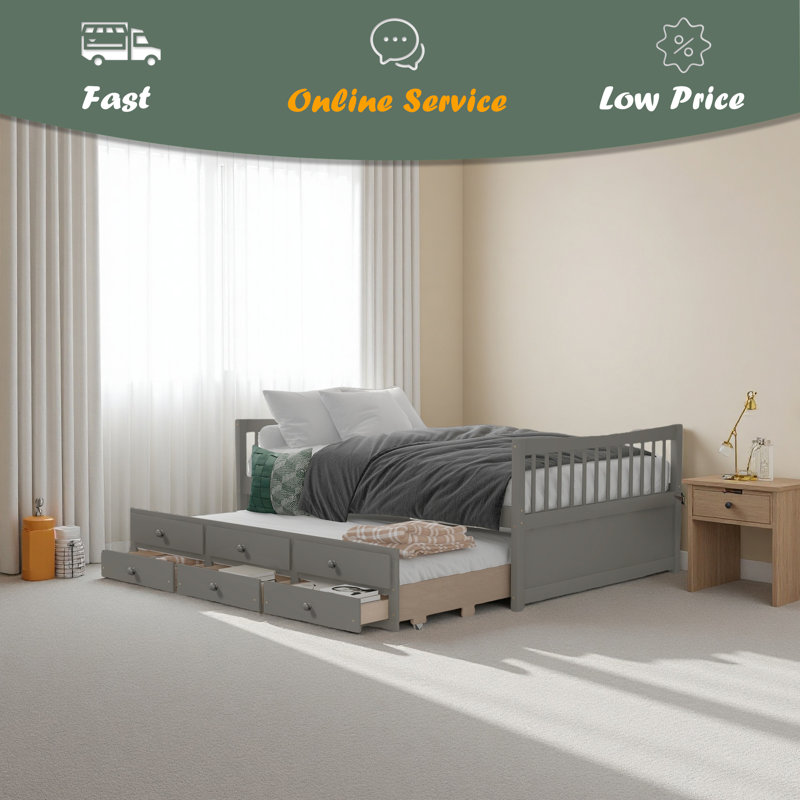 Lit de jour double avec lit gigogne simple et tiroirs, Gris