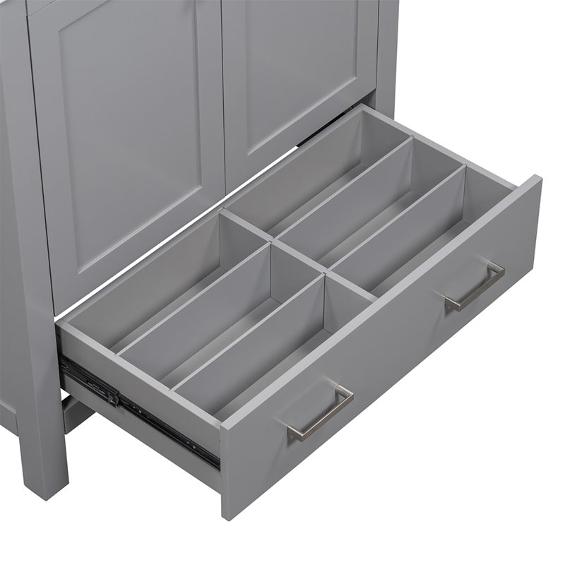 Transitional Style Bathroom Double Storage Vanity Set With Double Ceramic Sinks, Gray/Silver
