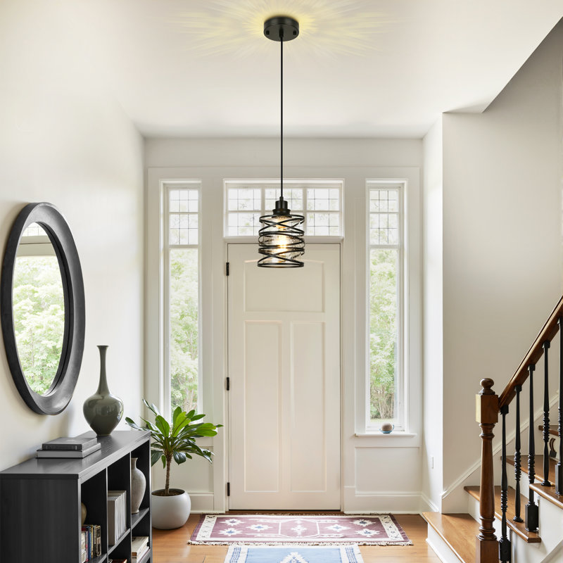 Yadah 1 - Light 6.29" Wide Pendant Light with Cylinder Glass Shade for Kitchen Island, Black, Seeded
