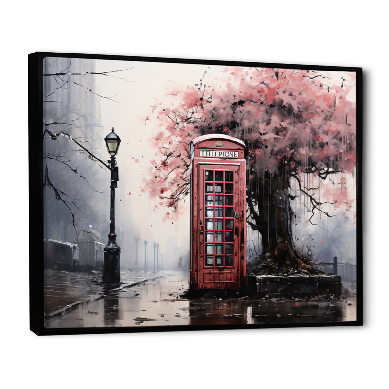 " Pink Telephone Booth Fading Conversations ", 30" H x 40" W x 1.5" D, Black Floater Framed