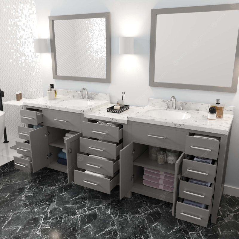 Meuble-lavabo double 93 po avec plateau en marbre Slagelse, Gris, Rond