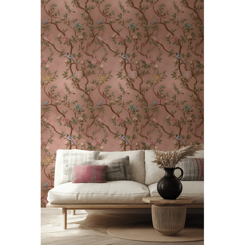Papier peint floral, décoration murale rétro rose