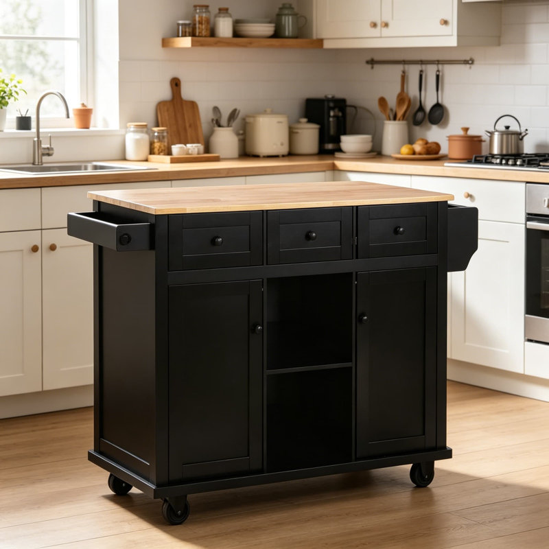 Kitchen Island With Drop-Leaf Countertop, Rolling Kitchen Cart On 5 Wheels With Internal Storage Cabinet Racks, Open Shelves And 3 Drawers, Spice Holder, For Dining Room, Black