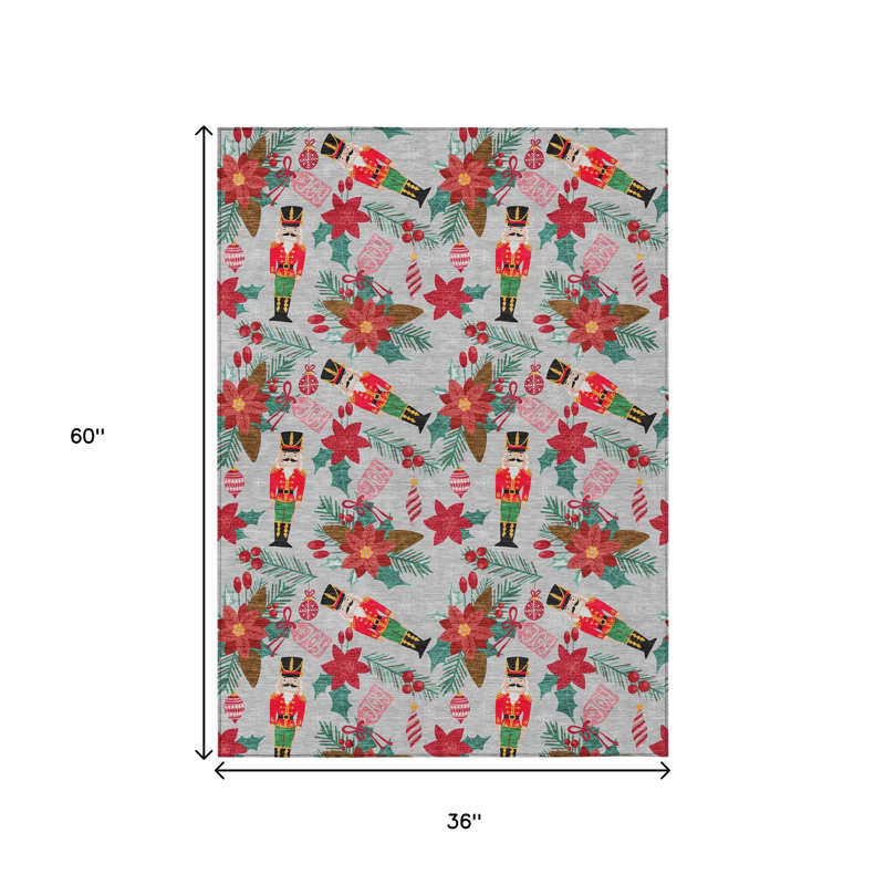 3' X 5' Silver Red Black Pink And Brown Floral Washable Indoor Outdoor Area Rug