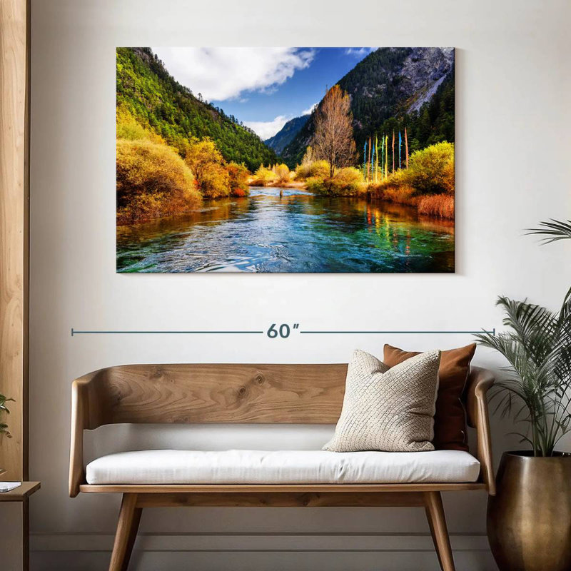 Paysage fluvial d'automne de Jiuzha, H 32 po x l 48 po