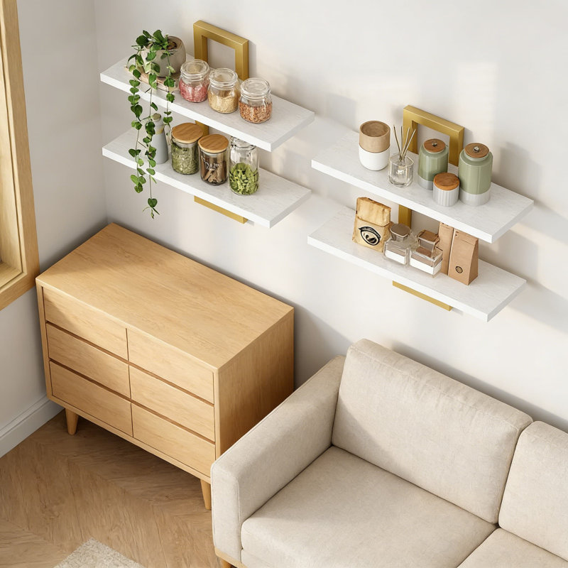 Ensemble de tablettes flottantes murales de 15 po, 2 tablettes de rangement à 2 niveaux pour la salle de bain, la chambre à coucher et la cuisine