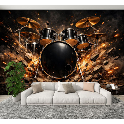Peel and Stick Wallpaper Explosive Black Drum Set Cymbals Dynamic Energy Wall Murals 100"H x 144"W Removable PVC Wall Paper Self-Adhesive Wall Decor for Bedroom Living Room Home Office