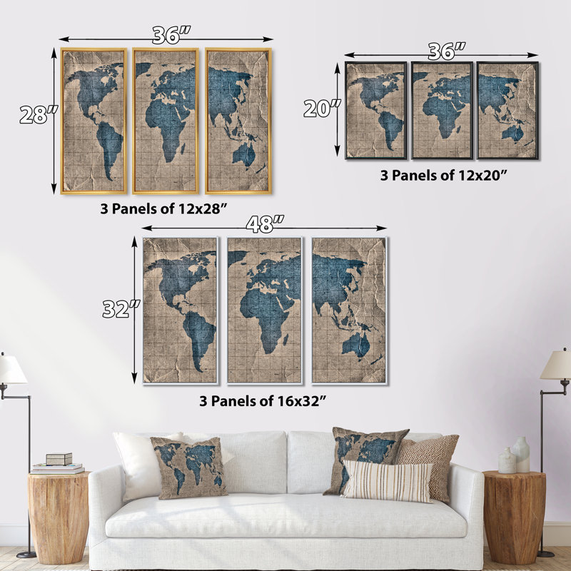 Ancienne carte du monde I - 3 pièces sur toile, cadre flottant, H 28 po x l 36 po, Blanc