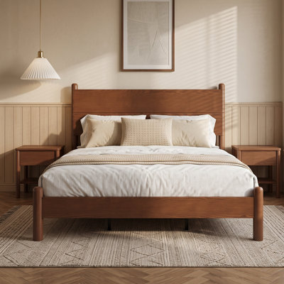 Base de lit grand format en bois massif, cadre de lit plateforme grand Mid-Century avec tête de lit et station de charge, support à lattes de bois, aucun sommier nécessaire
