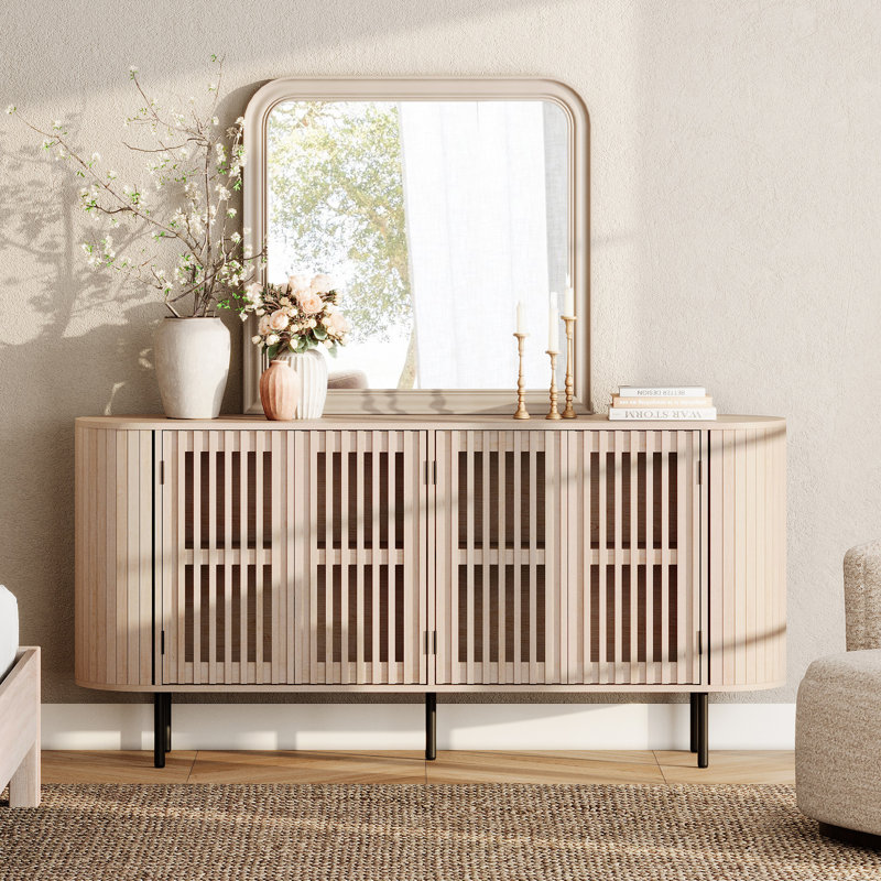 Buffet Mid-Century moderne en bois avec design à lattes, parfait pour le salon, la chambre à coucher et le couloir, Naturel