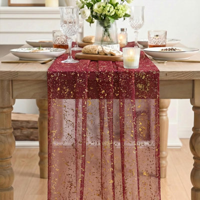 3PC Burgundy Gold Gauze Table Runner 120 Inch 10FT, Glitter Metallic Foil Sheer Dining Wedding Anniversary Holiday Birthday Table Decor for Home Party