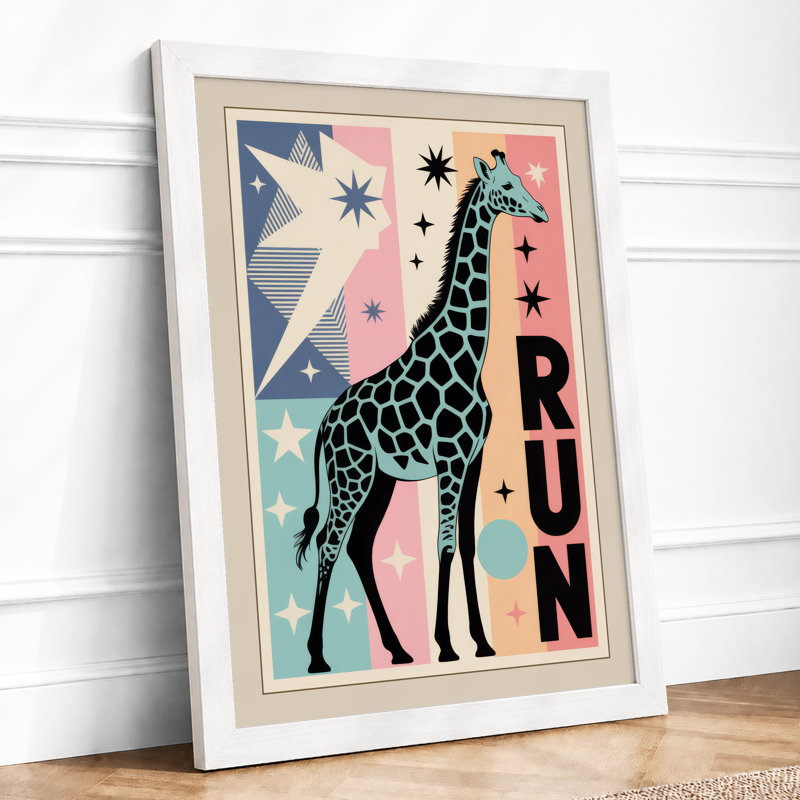 Giraffe Geometry Run Mid-Century - Framed Print, A4 - 29.7 x 21.0 cm, White