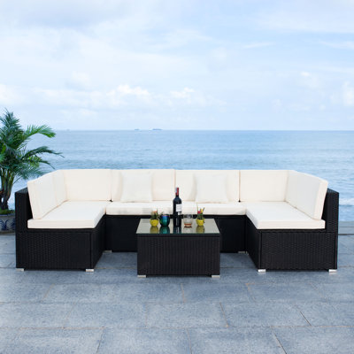 Azrien Solid Wood 6 - Person Modular Patio Conversation Set with Cushions