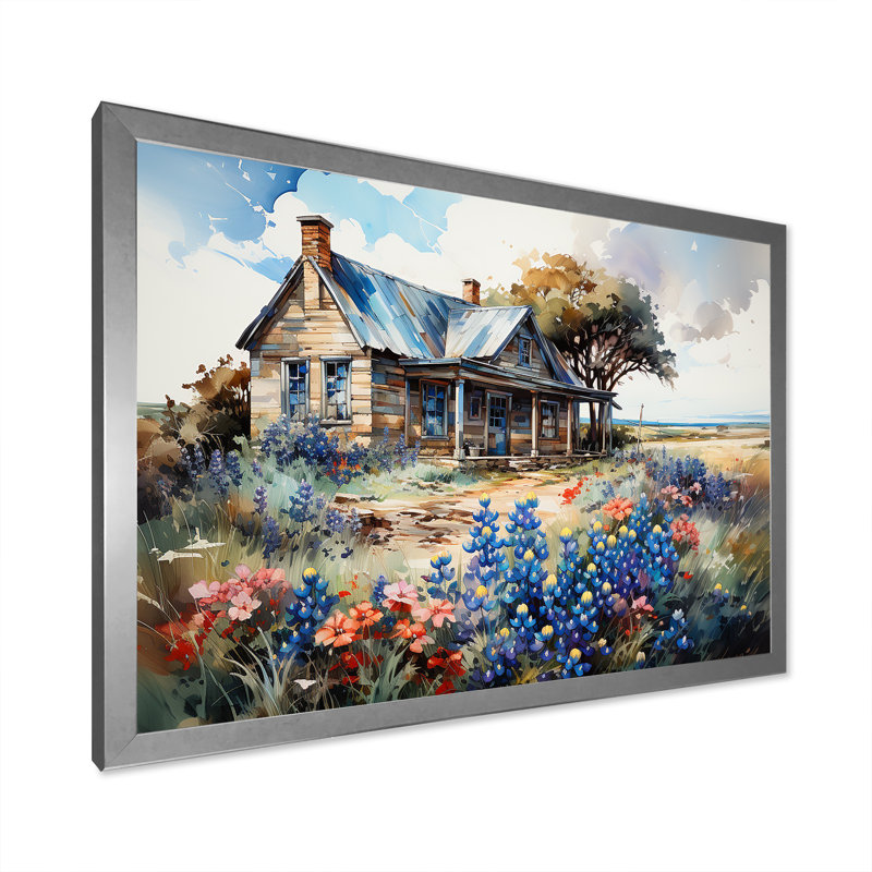 «Blue Bonnets Farm Charm» sur toile, H 30 po x l 40 po x P 1,5 po, Cadre simple argenté