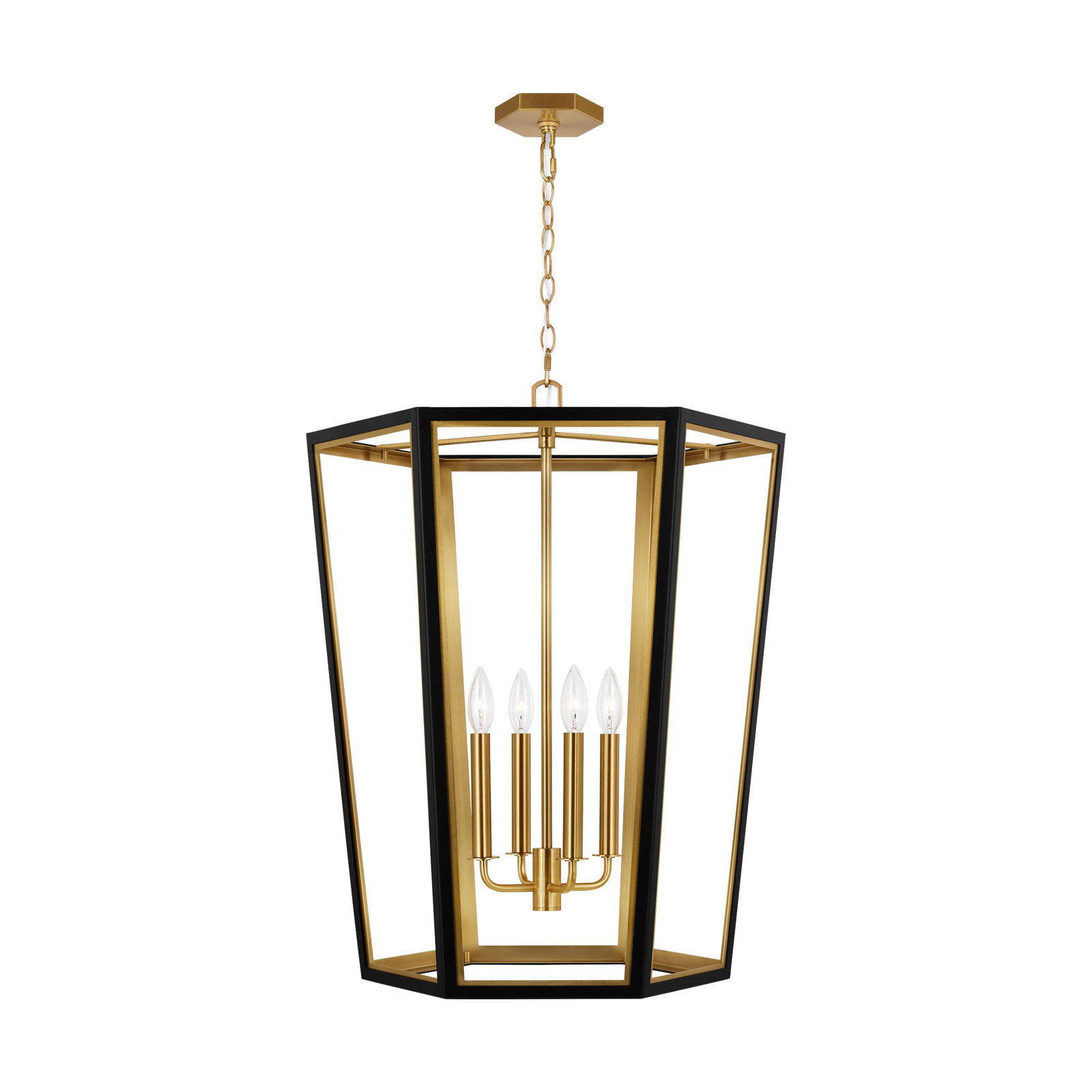 4 - Light Metal Dimmable Lantern Chandelier, Midnight Black/Burnished Brass