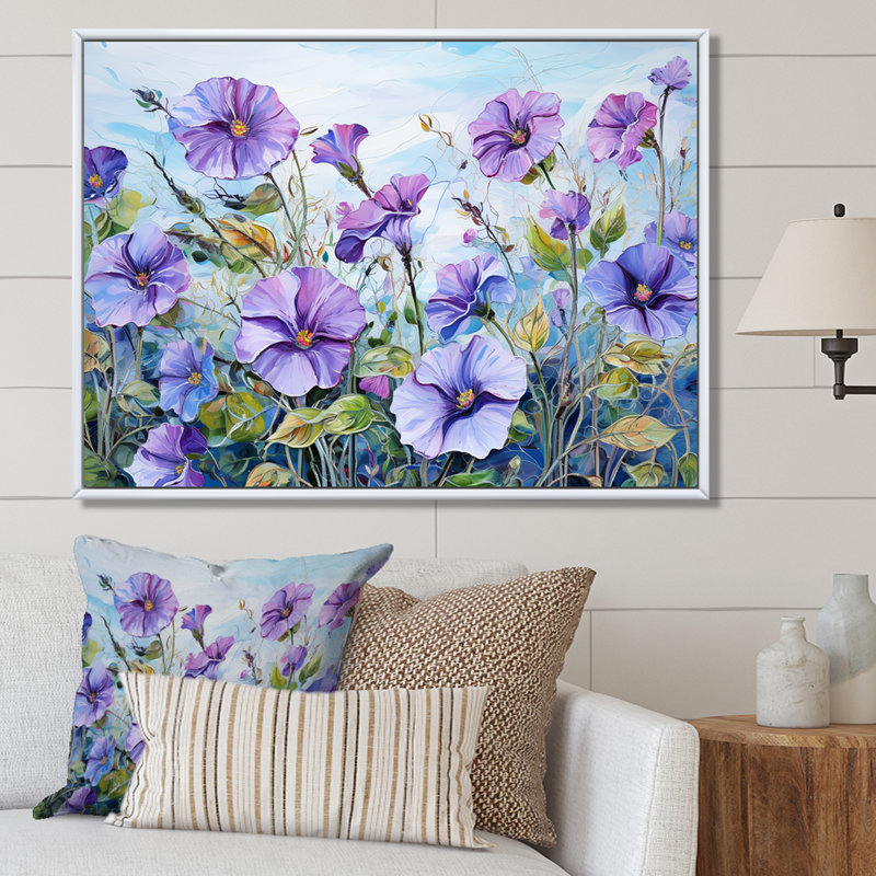 «Purple Morning Glory Flowers» sur toile, Cadre flottant blanc, H 24 po x l 32 po x P 1 po