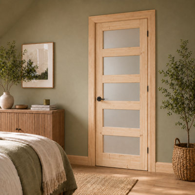 5 Lite Frosted Glass, Light Brown, Solid Pine Wood, DIY Painted, Interior Door Slab