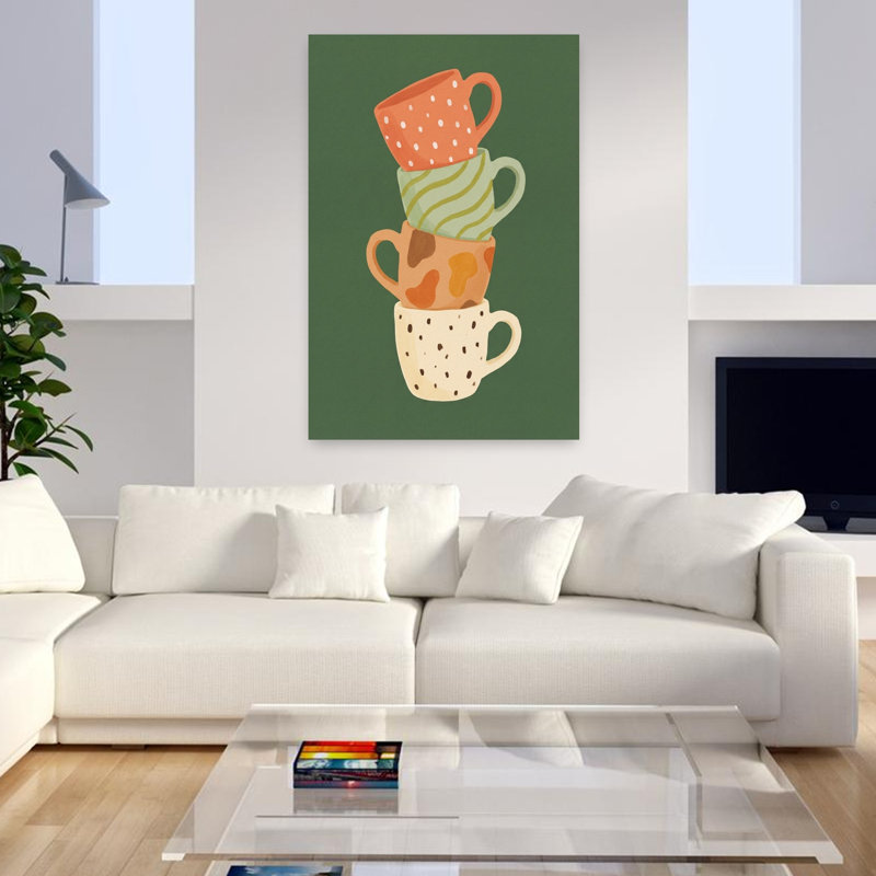 Cozy empilées tasses abstraites colorées, art mural rustique, H 48 po x l 32 po