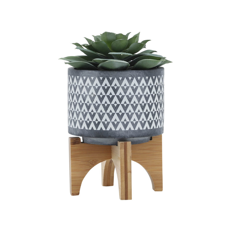 Ceramic 5" Aztec Planter On Wooden Stand