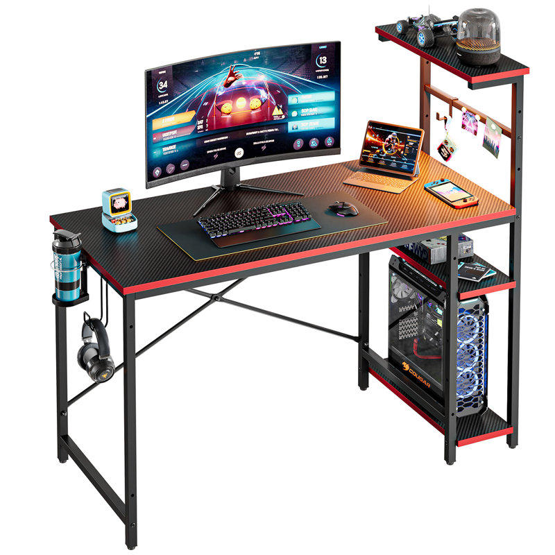 Nedyo Gaming Desk with RGB LED Light, Computer Desk with 4 Tier Reversible Storage Shelves, Hooks, Cup holder and Magnets