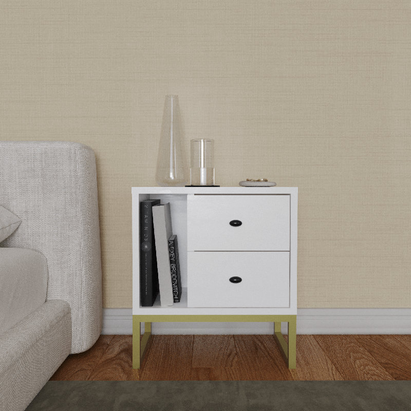 Hazer 2-Drawer Nightstand with Shelf, Metal Legs, Wood White