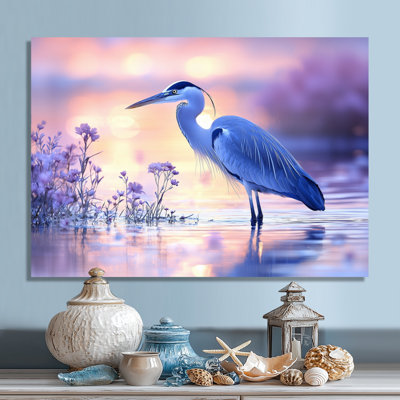 Pink And Blue Heron At Dusk IV - Modern Metal Art Print, Heron Metal Wall Art